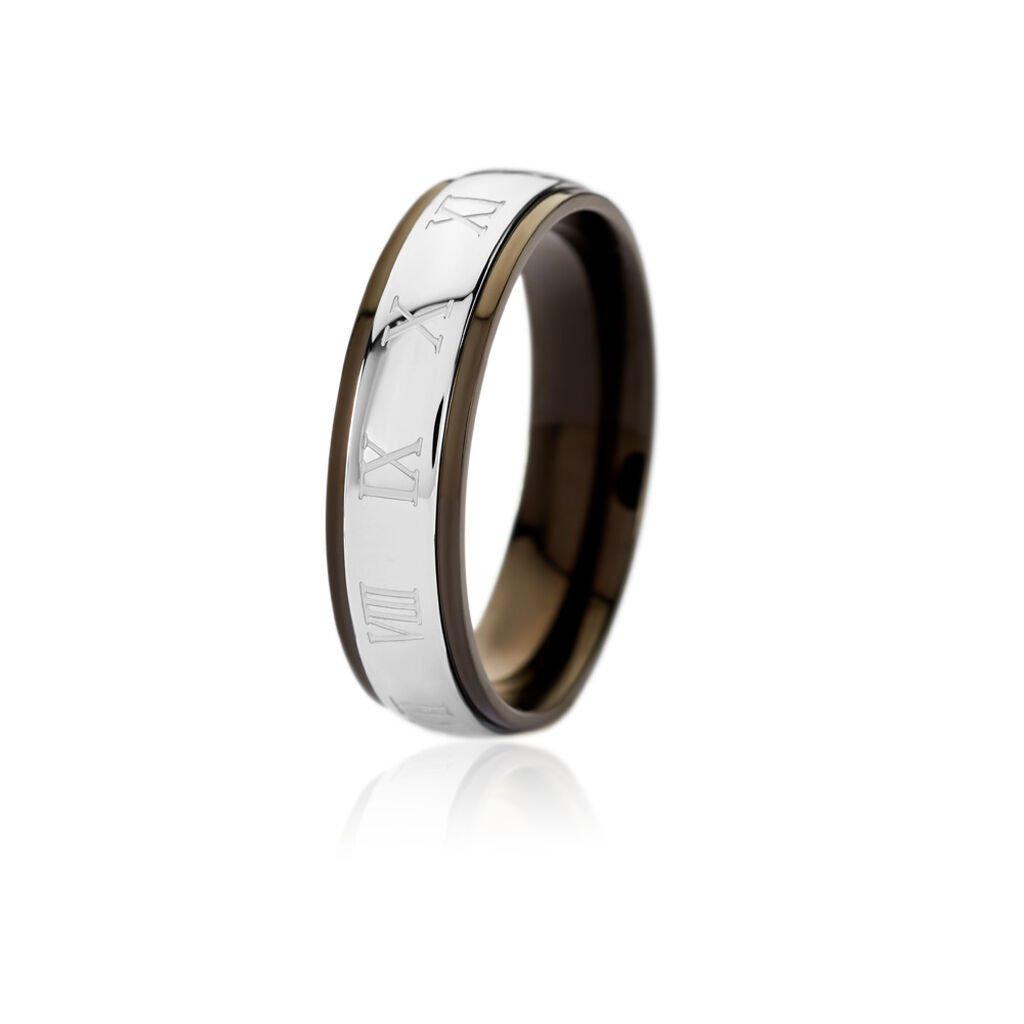 NOAH Herren Ring Edelstahl Bicolor Silber/Schwarz Römisch B 6 mm, Ring ohne Stein