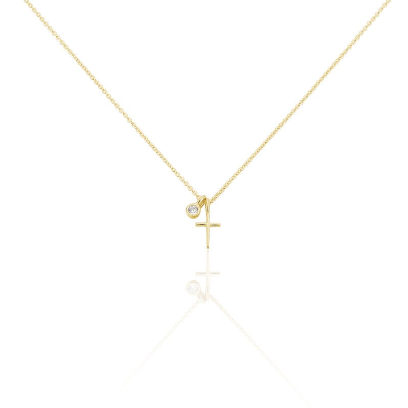 VOJNA 1 Damen Collier Silber vergoldet 925 Zirkonia Wei&szlig; 0,12 ct Religi&ouml;ses Kreuz - Halsketten Damen | OROVIVO