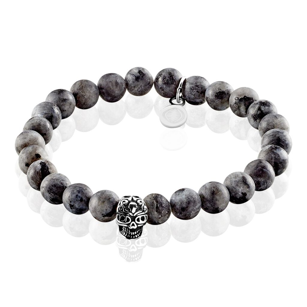 NUSRET Herren Armband Edelstahl Grau Labradorit Schwarz Schädel, Armband mit Stein