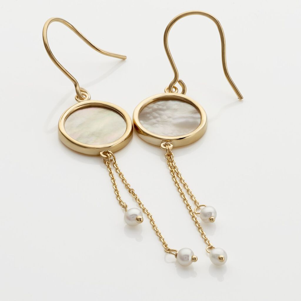 LIA Damen Ohrringe Lang Gold 375 (9 Karat) Perlmutt Perlmutt Kreis