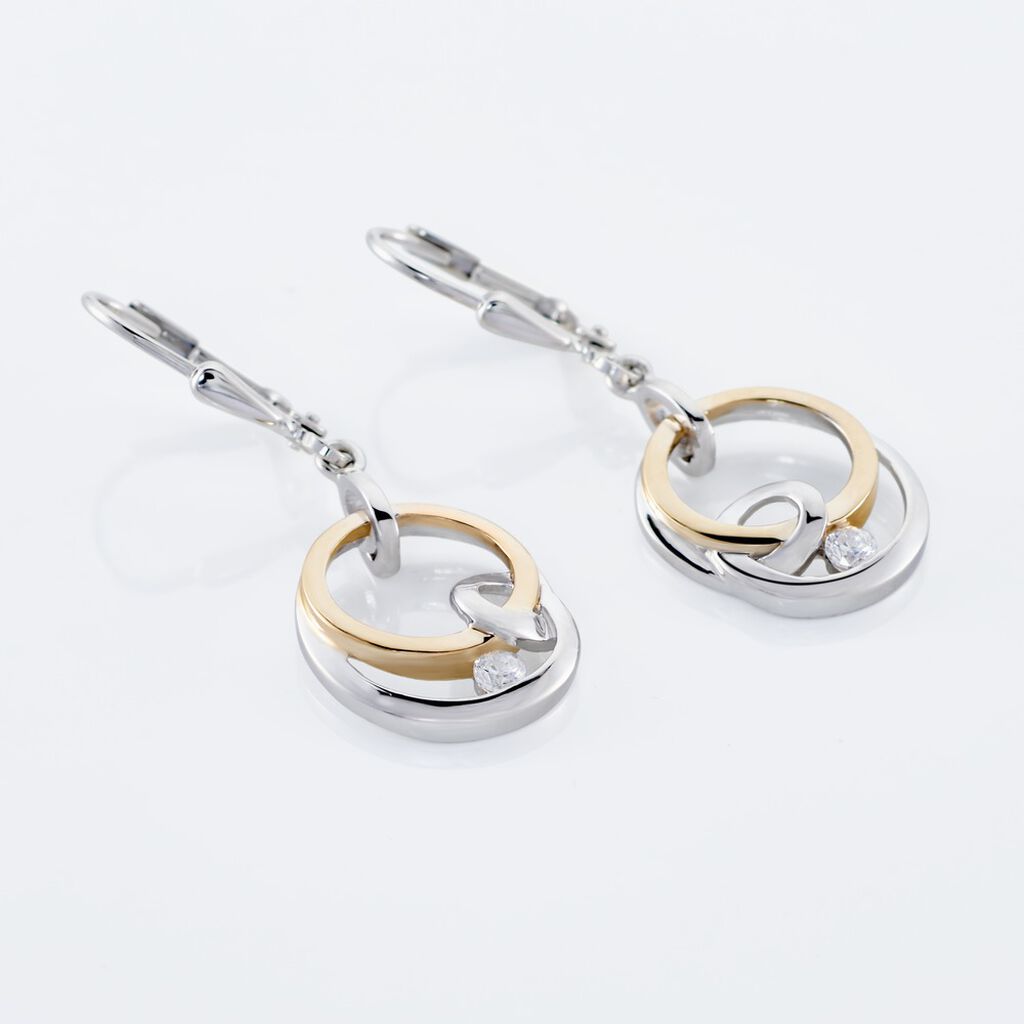 NALAN 2 Damen Ohrringe Lang Silber Bicolor 925 Zirkonia Wei&szlig; Doppelkreis