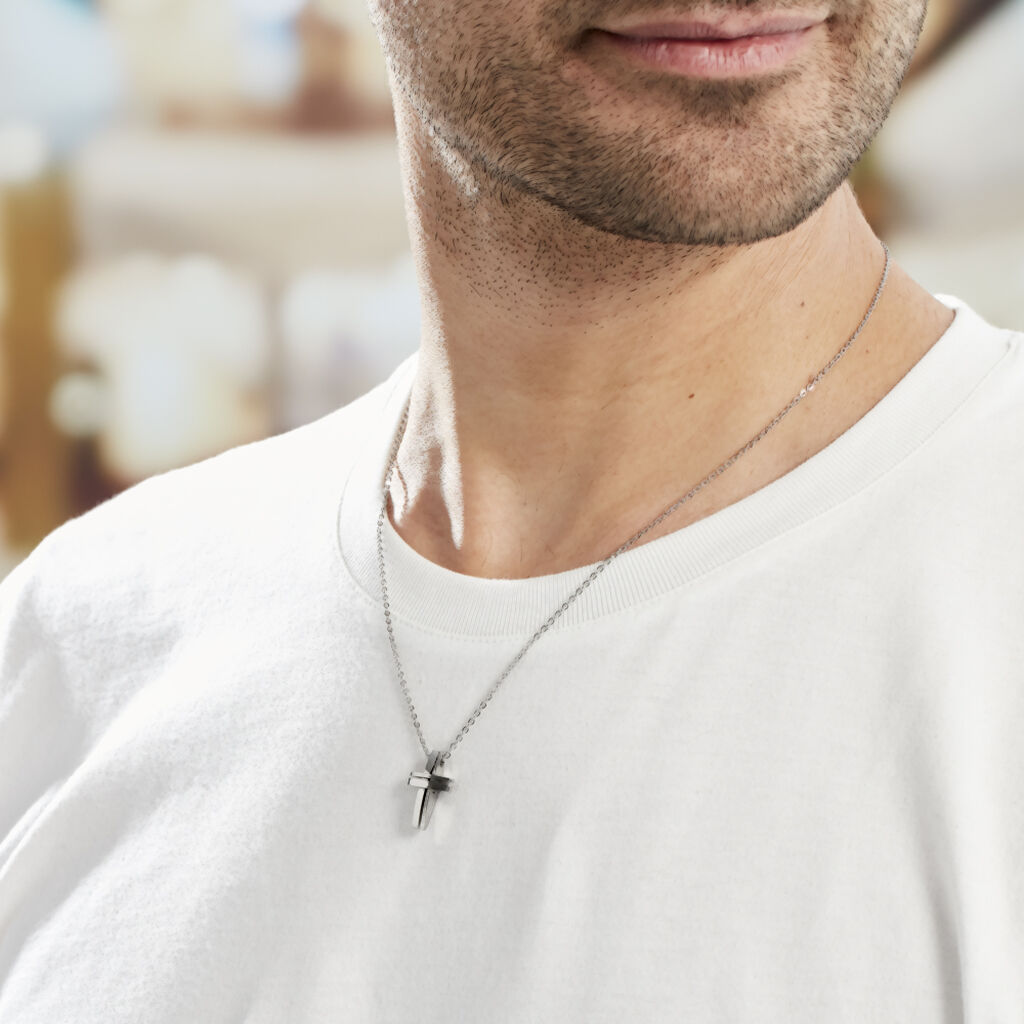 Herren Collier Edelstahl Zirkonia Schwarz Religiöses Kreuz Ruya 06 - Halsketten Herren | OROVIVO