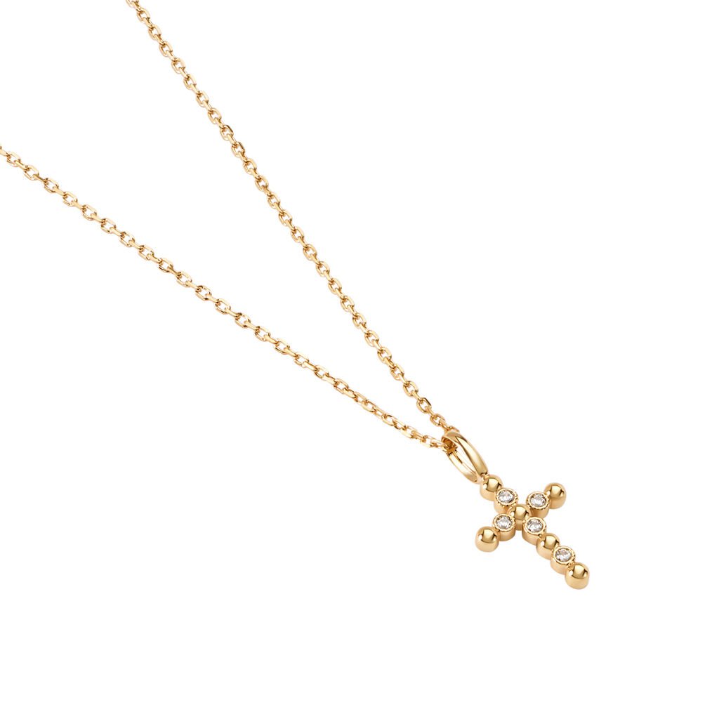 ASPEN Damen Collier Vergoldet Zirkonia Weiß Religiöses Kreuz - Halsketten Damen | OROVIVO