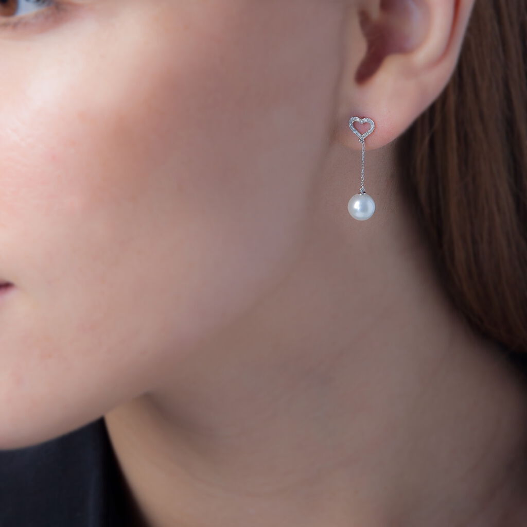 Boucles D'oreilles Pendantes Alix Or Blanc Perle De Culture Et Diamant - Spannringe Damen | OROVIVO