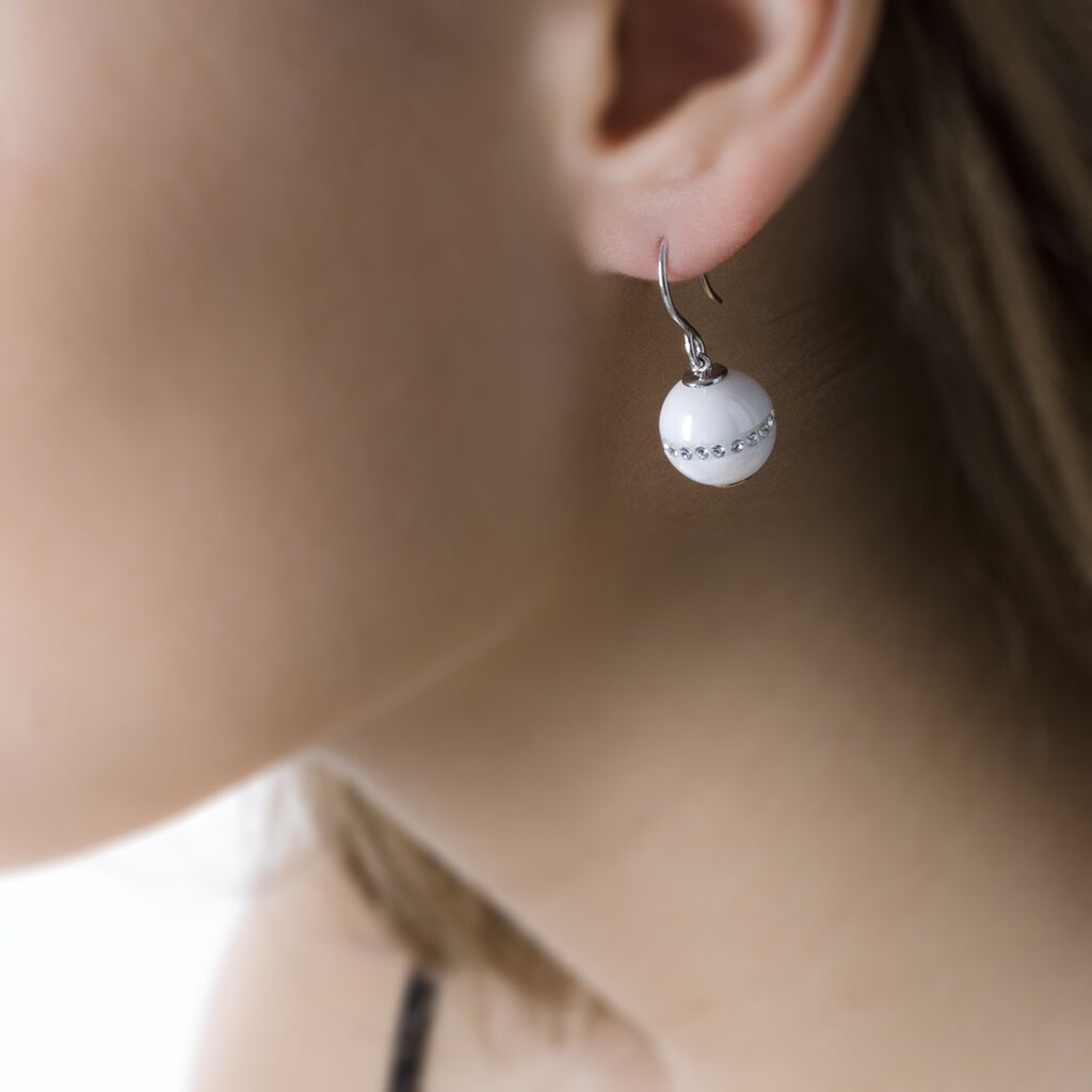 Boucles D'oreilles Pendantes Rose-blanche Argent Strass Et Céramique - Spannringe Damen | OROVIVO