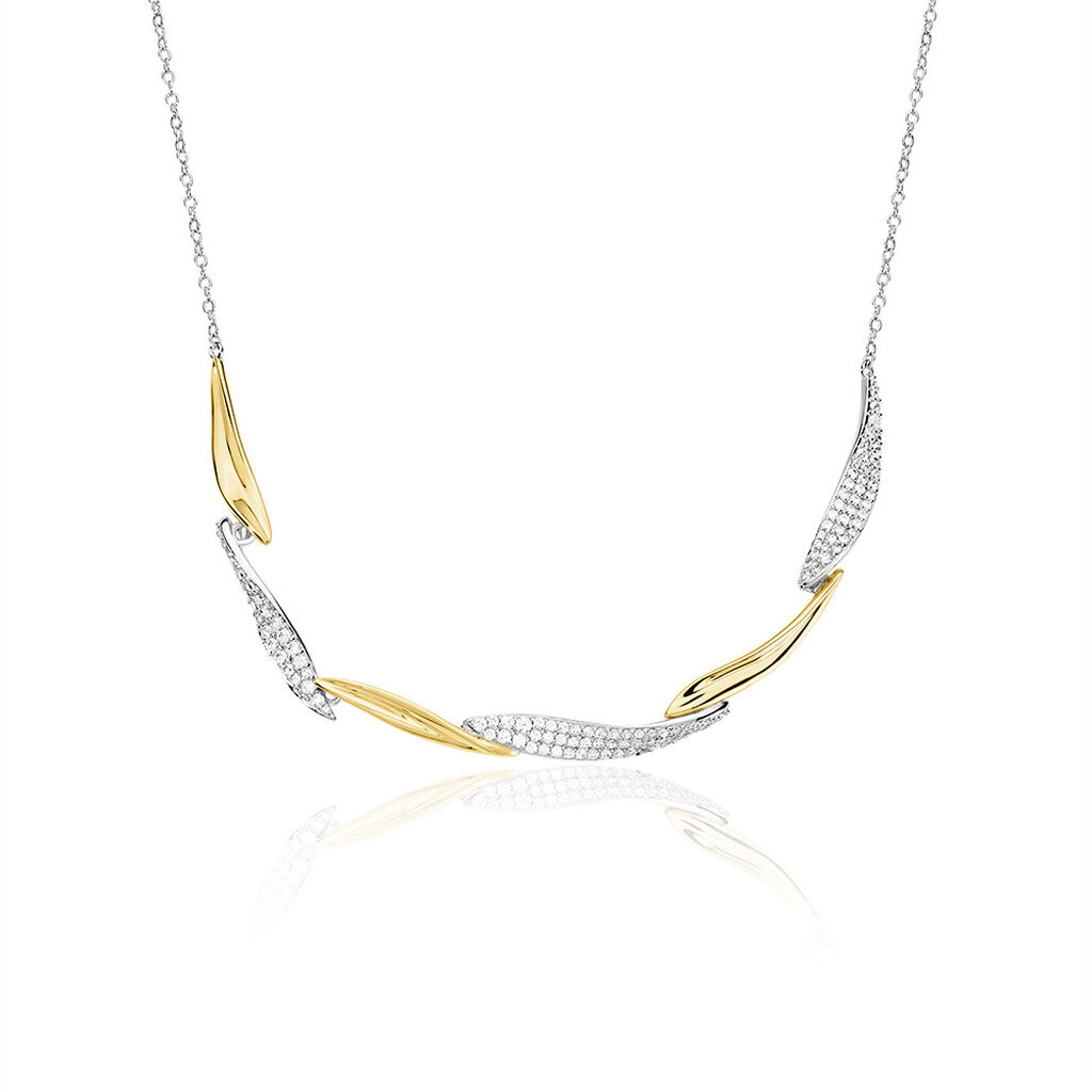 PAMINA Damen Collier Silber Bicolor Gelb/Silber 925 Zirkonia Weiß 0,1 ct Palmblatt, Collier mit Stein