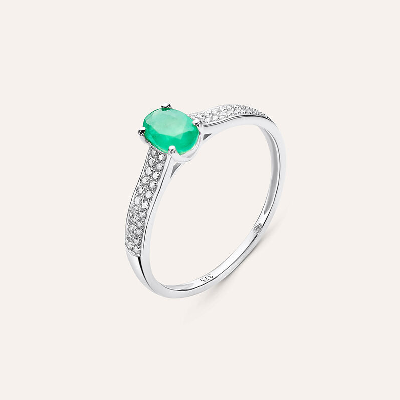 Anello Solitario Charlotte Oro Bianco Smeraldo Diamante - Spannringe Damen | OROVIVO