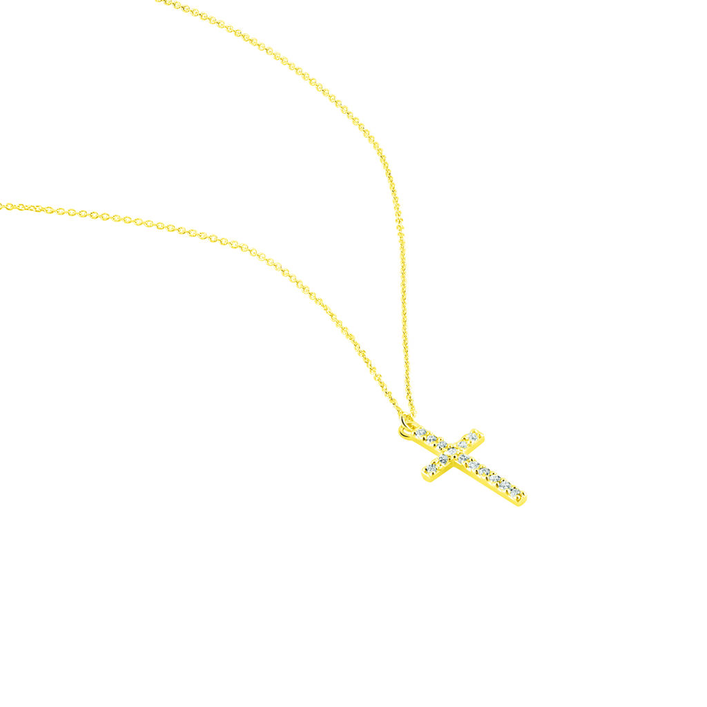LIVIA Damen Collier Gold 375 (9 Karat) Zirkonia Wei&szlig; 0,21 ct Religi&ouml;ses Kreuz