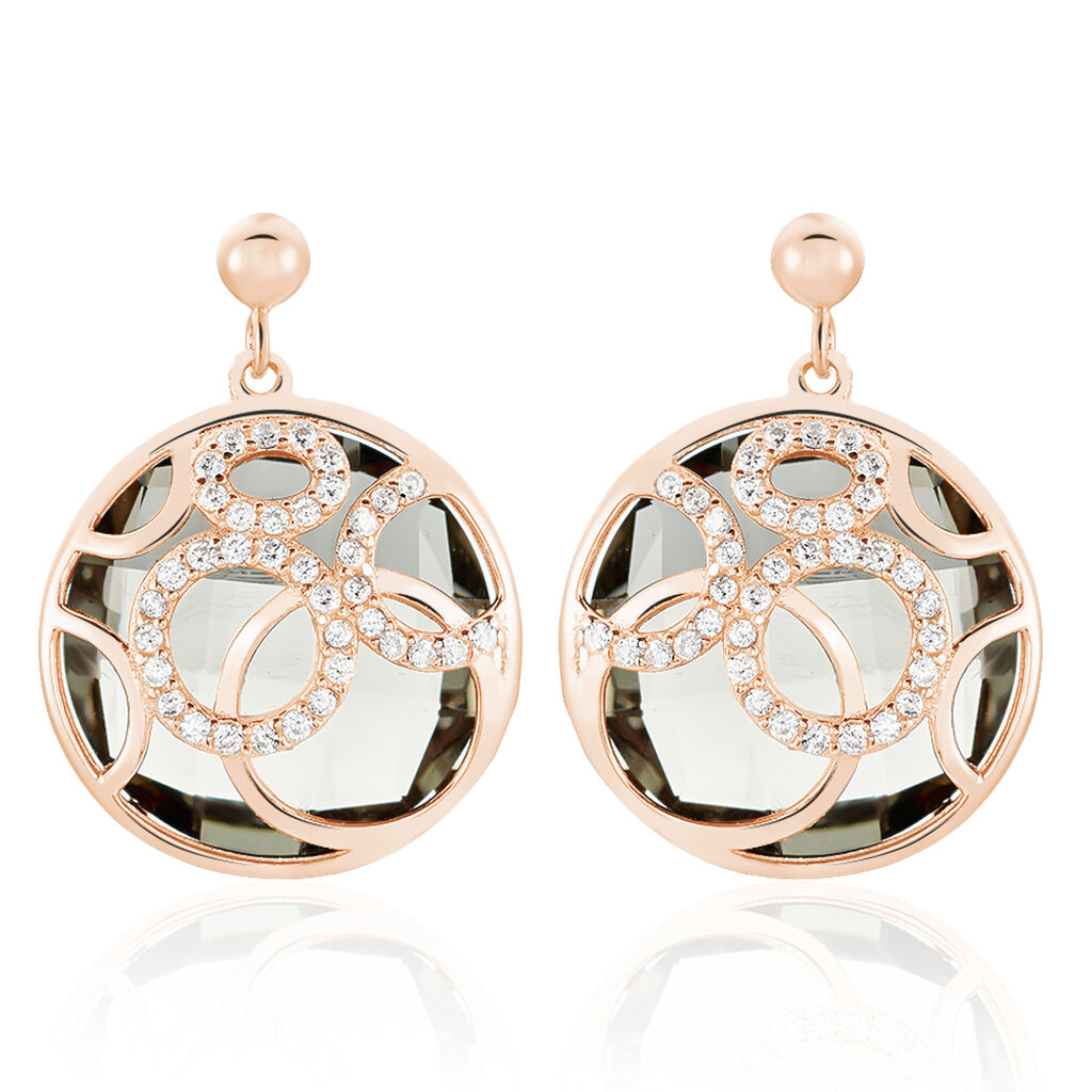 MULAN Damen Ohrringe Lang Silber rosevergoldet 925 Glas Schwarz Kreis, Ohrringe Lang mit Stein