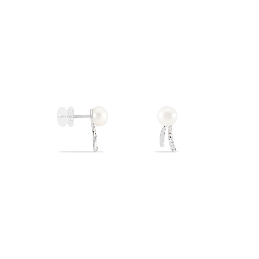 Boucles D'oreilles Puces Alrick Or Blanc Oxyde Et Perle De Culture - Spannringe Damen | OROVIVO