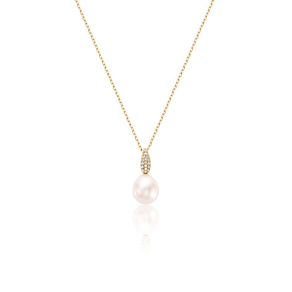 KALLI Damen Collier Gold 585 (14 Karat) Zuchtperle Weiß B 1 mm, Collier mit Stein