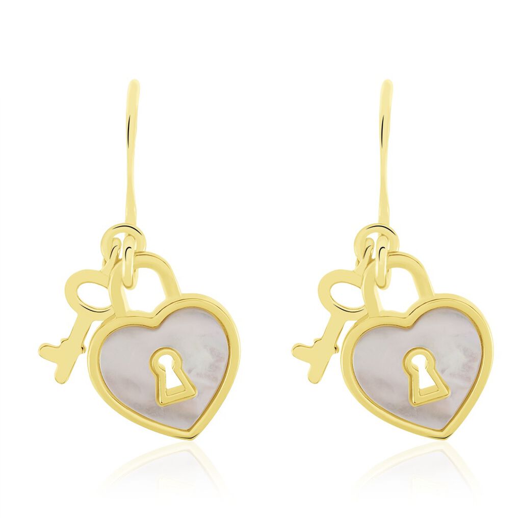 MILICA Damen Ohrringe Lang Silber vergoldet 925 Perlmutt Weißer Perlmutt Herz, Ohrringe Lang mit Stein