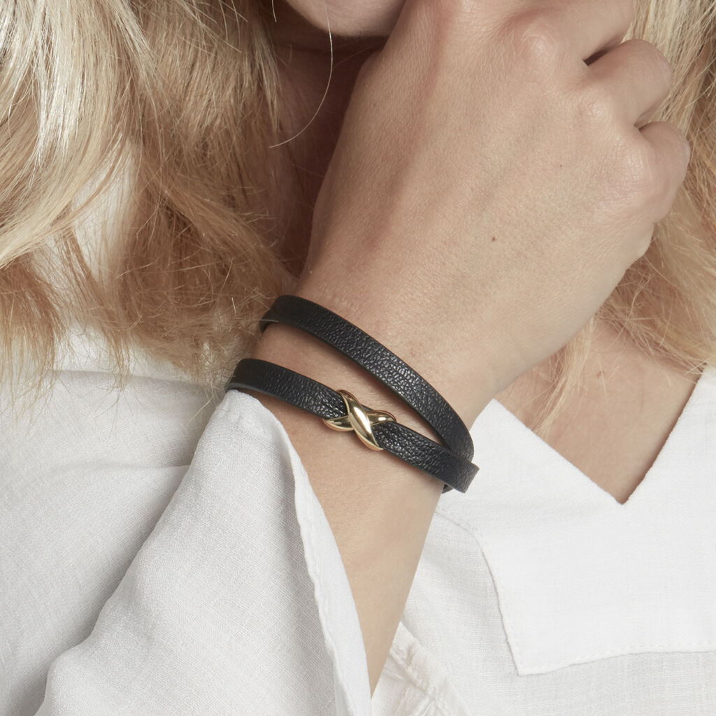 Bracelet Double Tour Cuir De Veau Noir Et Acier Dore Leatus Croix - Spannringe Damen | OROVIVO