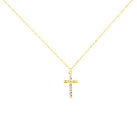 LIVIA Damen Collier Gold 375 (9 Karat) Zirkonia Wei&szlig; 0,21 ct Religi&ouml;ses Kreuz