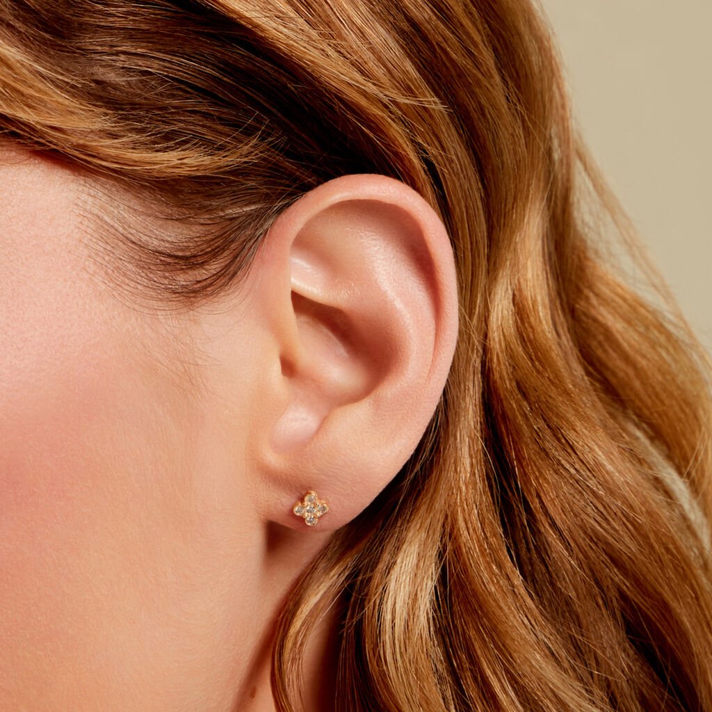 ELOVYN Damen Ohrstecker Vergoldet 750 Zirkonia Wei&szlig; Kreuz