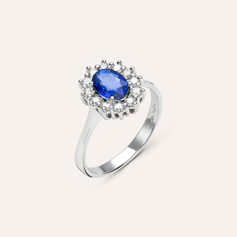 Anello Solitario Kate Elizabeth Crown Oro Bianco Zaffiro Diamante - Spannringe Damen | OROVIVO