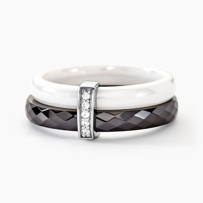 Bague Barette Bicolore Ceramique Argent Blanc Oxyde De Zirconium - Spannringe Damen | OROVIVO