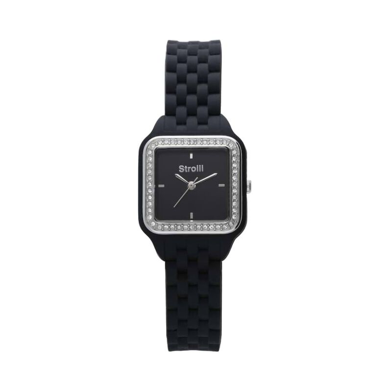 Orologio cinturino policarbonato nero. cassa acciaio. ghiera argento con strass - Spannringe Damen | OROVIVO
