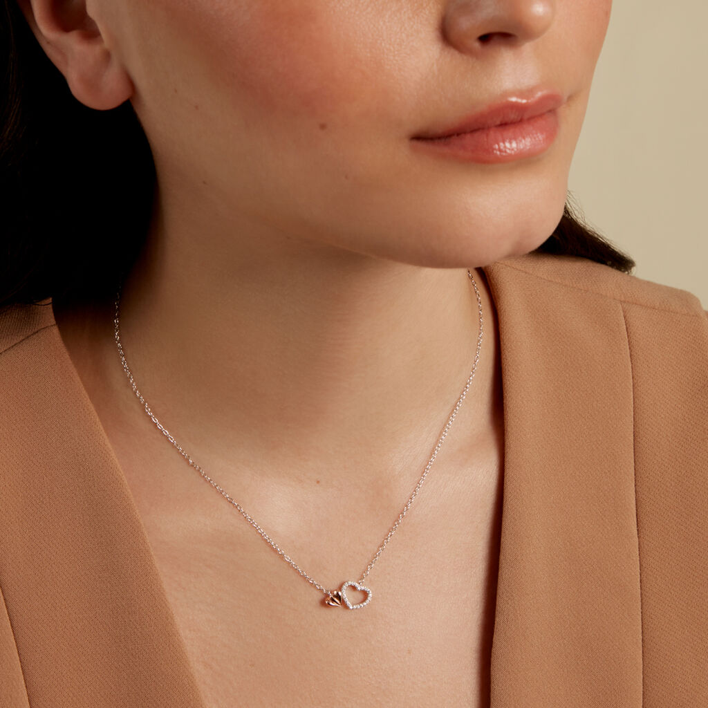 LIDA Damen Collier Silber Bicolor Silber/Ros&eacute;gold 925 Zirkonia Wei&szlig; Doppelherz