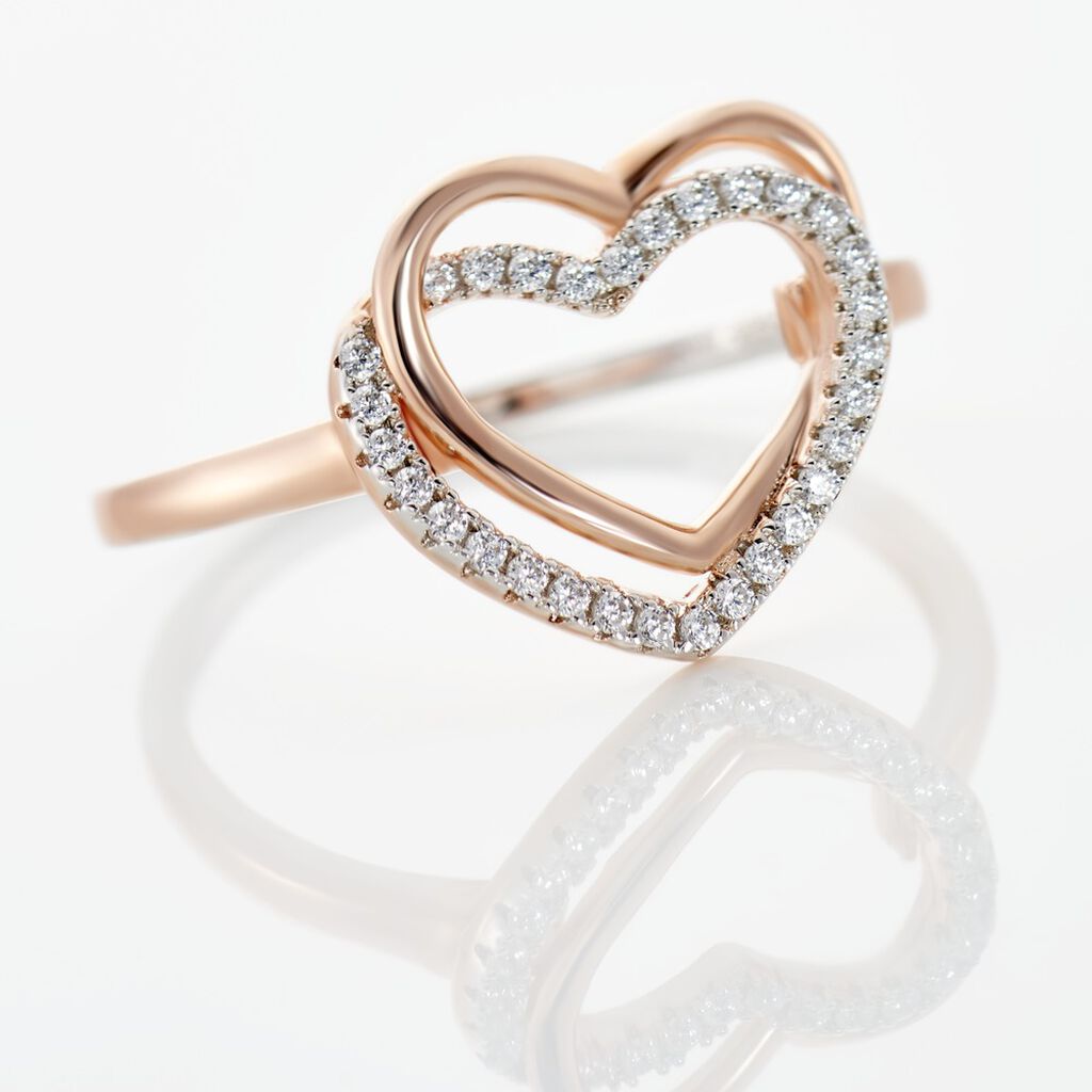 Damen Ring Silber Bicolor Silber/Ros&eacute;gold 925 Zirkonia Wei&szlig; Herz B 12,6 mm