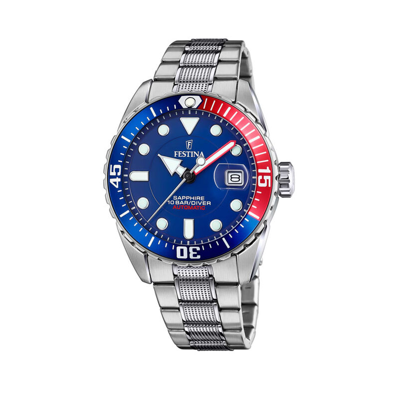 Orologio solo tempo con cinturino in acciaio e quadrante blu e rosso - Spannringe Herren | OROVIVO