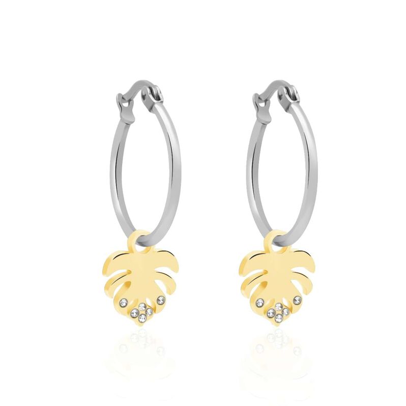 Orecchini a cerchio con charm foglia in acciaio bicolore e strass - Spannringe Damen | OROVIVO