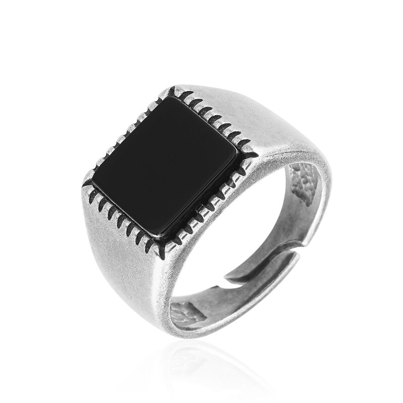 Bague Acier Gris Lenie Agate Noire Carree - Spannringe Herren | OROVIVO
