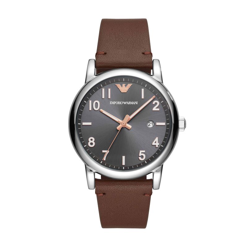 Emporio Armani orologio solotempo in acciaio silver e cinturino in pelle marrone con quadrante nero - Spannringe Herren | OROVIVO