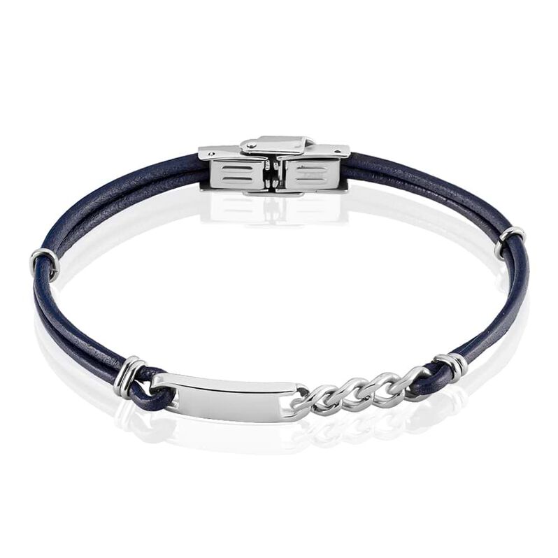 Bracciale con targhetta in acciaio e pelle blu - Spannringe Herren | OROVIVO