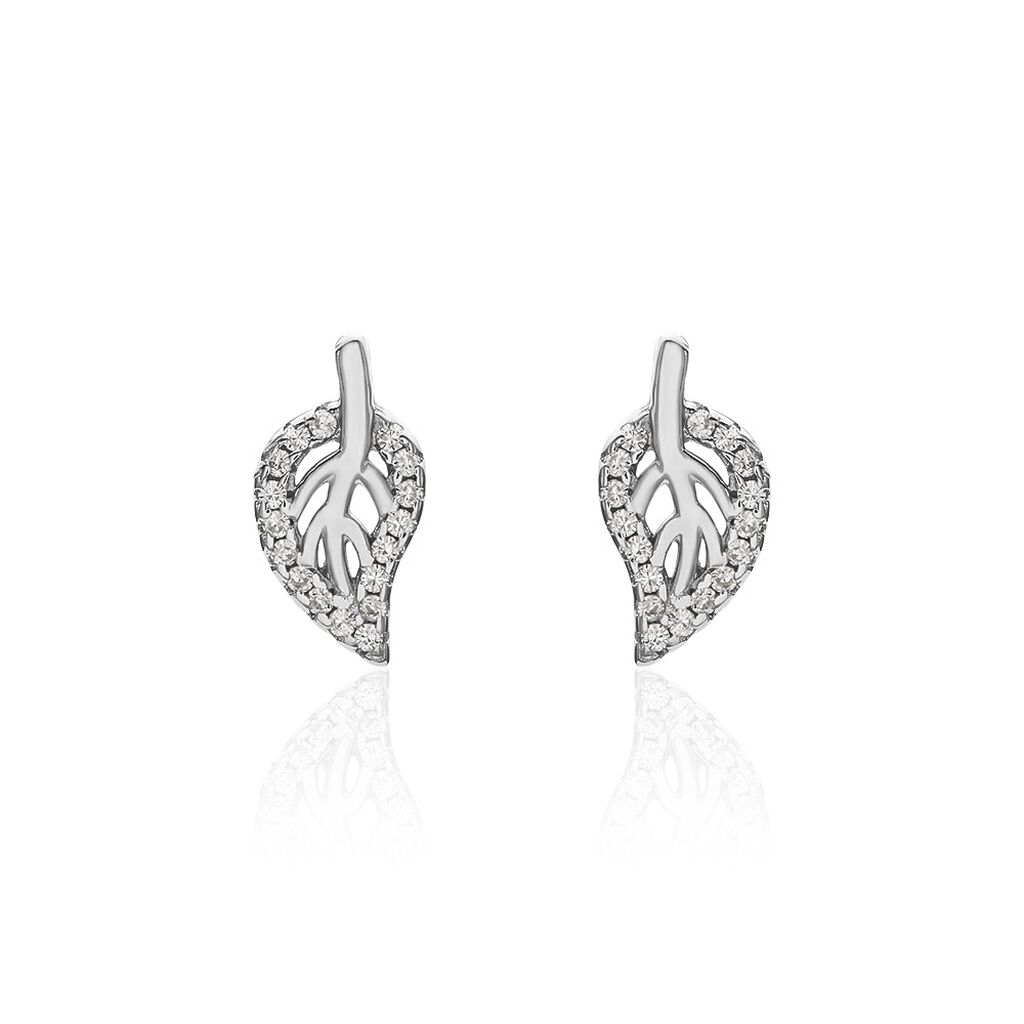 ANGELINE BLATT 2 Damen Ohrstecker Silber 925 Zirkonia Weiß Blatt, Ohrstecker mit Stein