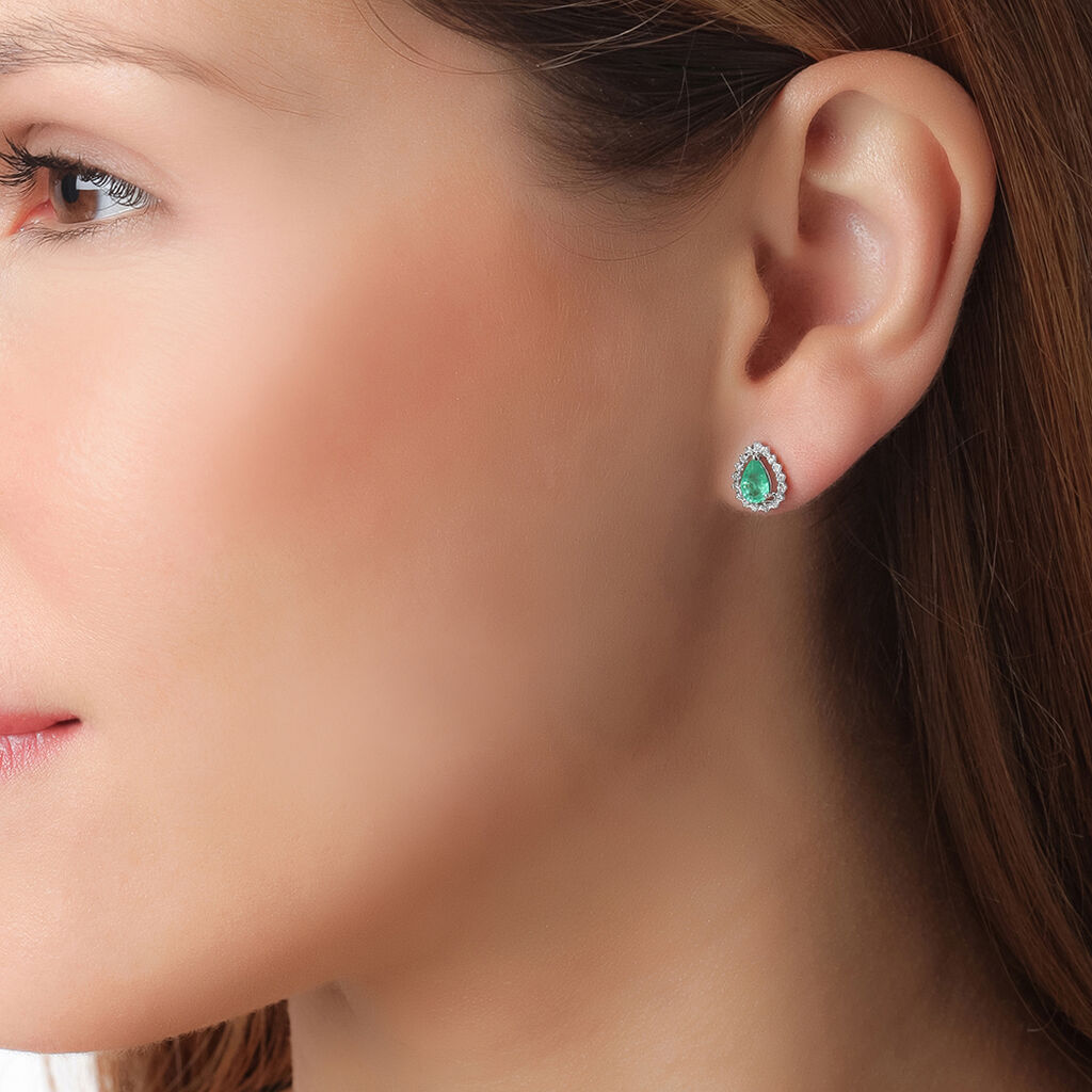 Boucles D'oreilles Puces Toussine Or Blanc Emeraude Et Diamant - Spannringe Damen | OROVIVO