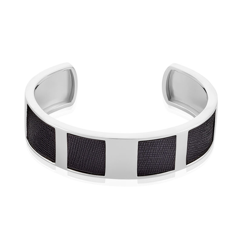 Jonc Argent Rhodie Milo Ouvert Cuir Noir - Spannringe Herren | OROVIVO