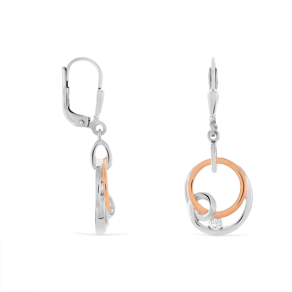 NALAN 2 Damen Ohrringe Lang Silber Bicolor 925 Zirkonia Wei&szlig; Doppelkreis