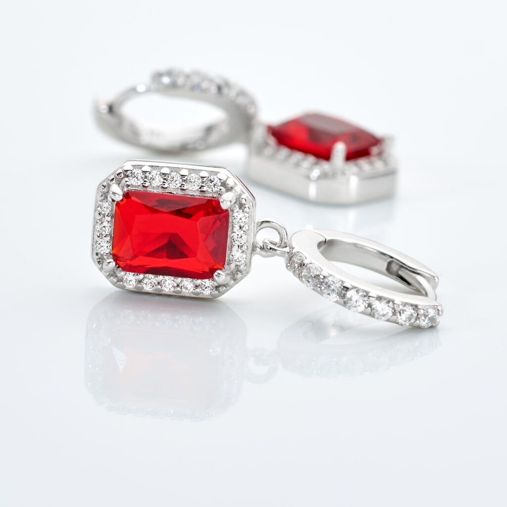 VELOURA Damen Ohrringe Lang Silber 925 Glas Rot 0,26 ct Rechteckig