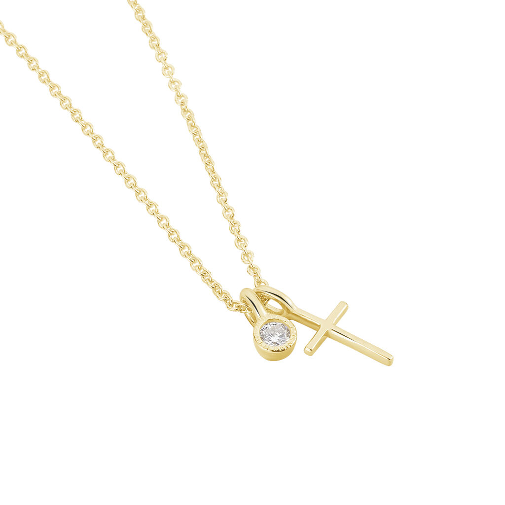 VOJNA 1 Damen Collier Silber vergoldet 925 Zirkonia Wei&szlig; 0,12 ct Religi&ouml;ses Kreuz