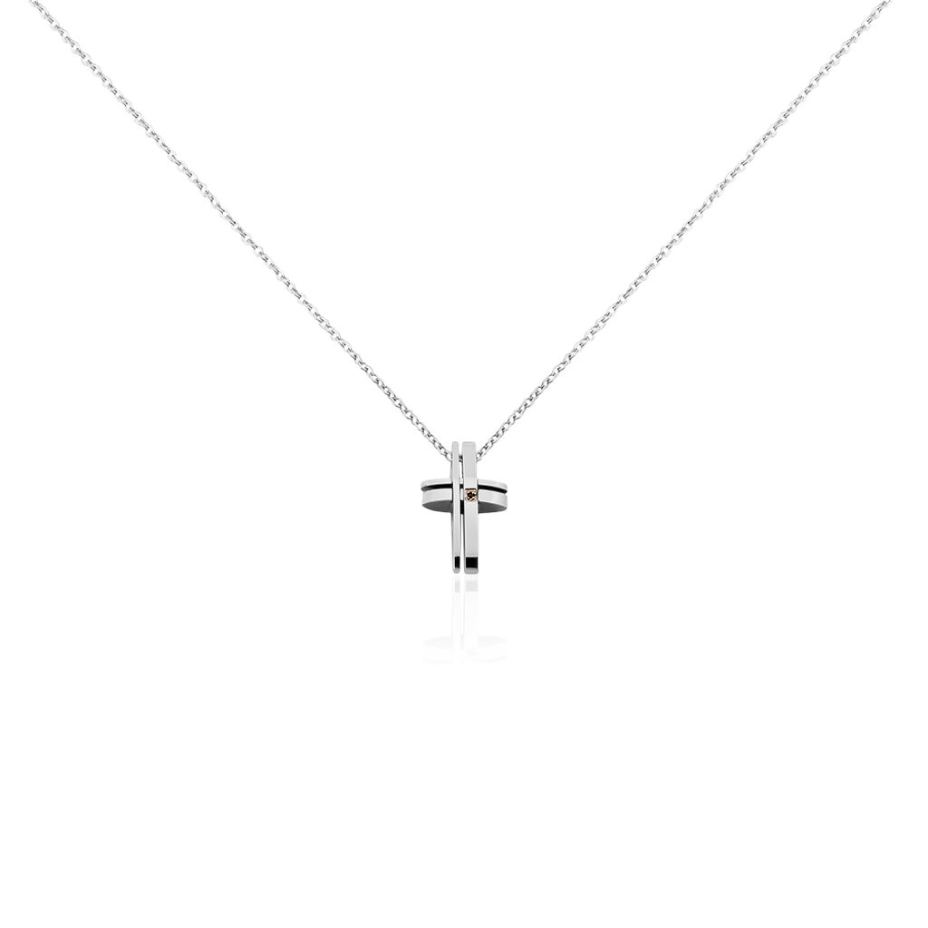 RUYA 06 Herren Collier Edelstahl Zirkonia Schwarz Religiöses Kreuz, Collier mit Stein